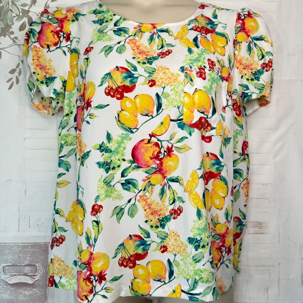LC Lauren Conrad Womens Ivory Yellow Fruit Lemon Cherry Chiffon Top Sz. Large L